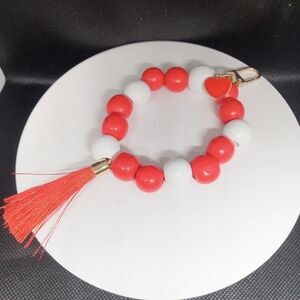 Red and White Beaded Bracelet with Tassel